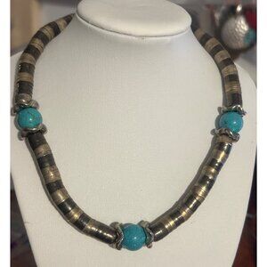 Vintage Silver Tone Turquoise Color Bead Necklace Choker Coller Adj 15" + 2"